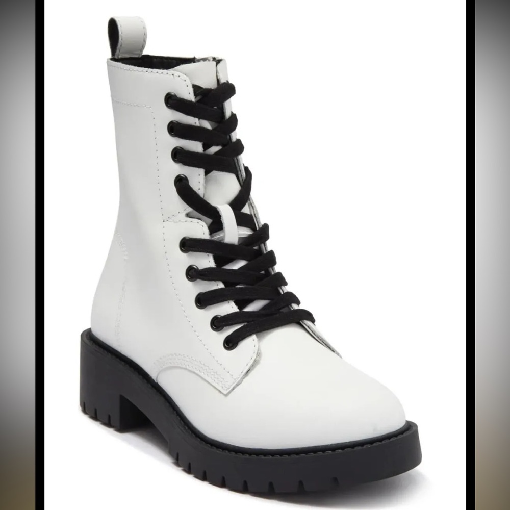 NWOT Steve Madden Checker White Leather Lace-Up Zip Lug Sole Combat Boots, Sz 9